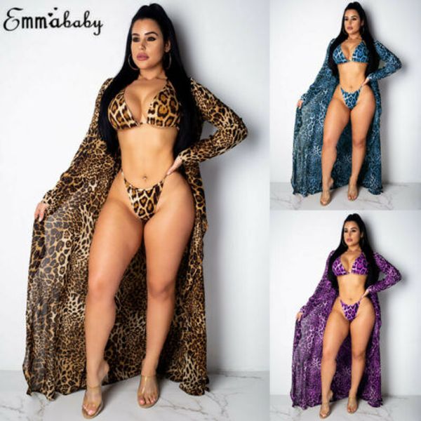 

3pcs summer women leopard print bikini beach swimwear cover up candigan suit