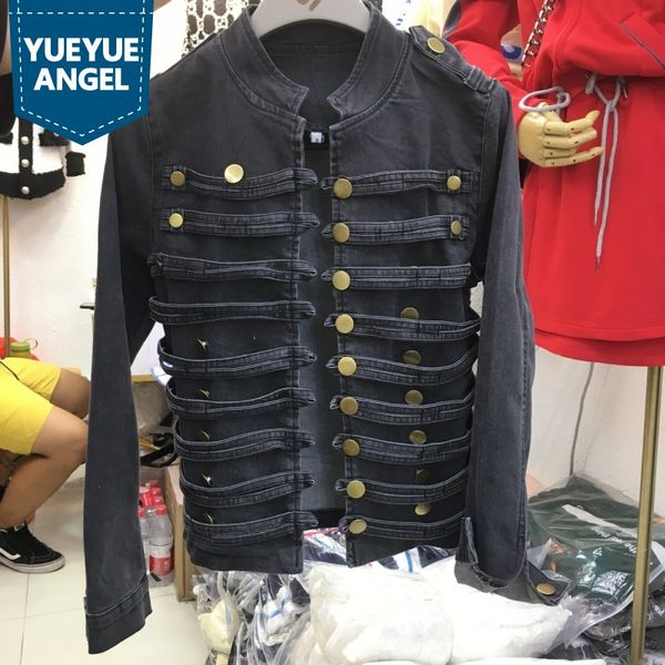 

european court style female jean jacket vintage double breasted slim short coat fashion long sleeve stand collar cowboy jacket, Black;brown