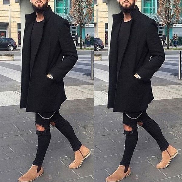 

meihuida men casual fashion british long sleeve pockets slim fit solid sweater jacket long woollen overcoat, Black