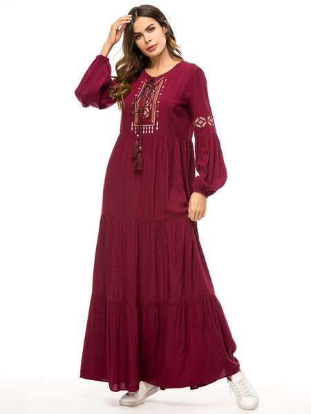 

simple floral embroidered dress muslim robe loose long skirt muslman dresses, Red