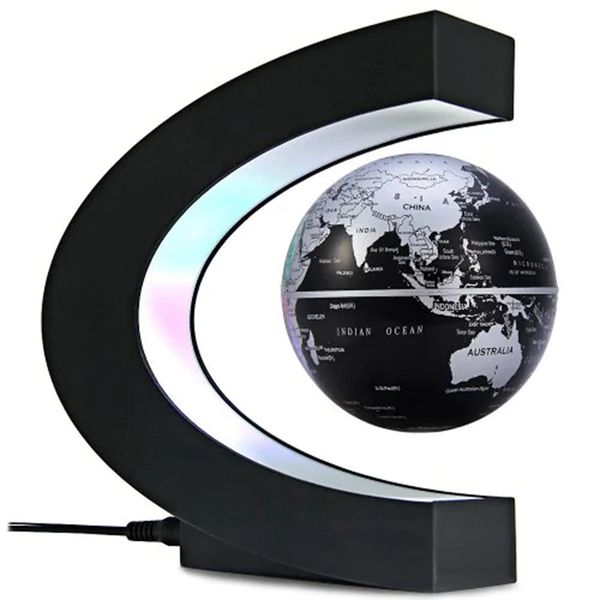 

c shape magnetic levitation floating globe world map with led light decoration for home office - black