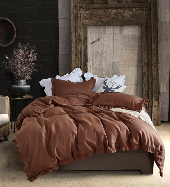 

novelty gift solid brown color flounced bedding duvet cover set+pillow case sham us twin  king size