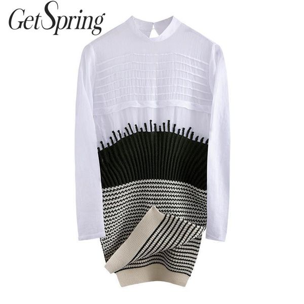 

getspring women blouse knitted spliced backless women shirt long sleeve pleated ladies fake two irregular long shirt autumn, White