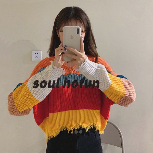 

autumn korean women striped sweaters new design irregular tassel color striped loos long sleeve knit sweater women's clothing, White;black