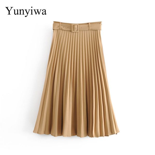 

новый женский модный пояс сплошной цвет плиссированные миди юбка faldas mujer дамы боковой молнии vestidos ретро повседневные тонкие юбки, Black