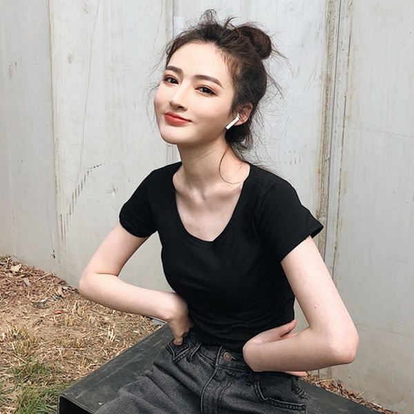 

черные обтягивающие футболки шорты и шорты пупок с короткими рукавами короткие чистый хлопок футболки женщин ins мода 2020 тонкий тонкий выс, White