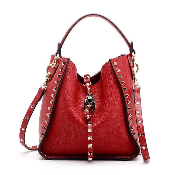 

2019 fashion rivet handbags for women brand leopard shoulder bags genuine cowhide leather cross body bucket bag wholesale