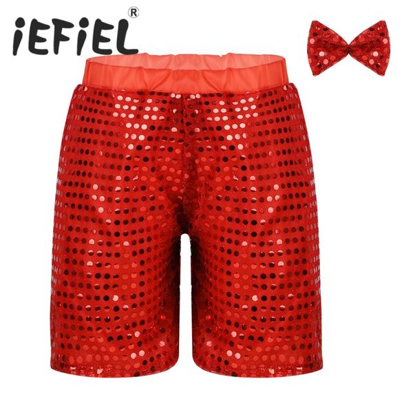 

children kid boys girls glittery sequined ballet dance shorts with bow set for choir jazz dance stage performance clothes, Black;red