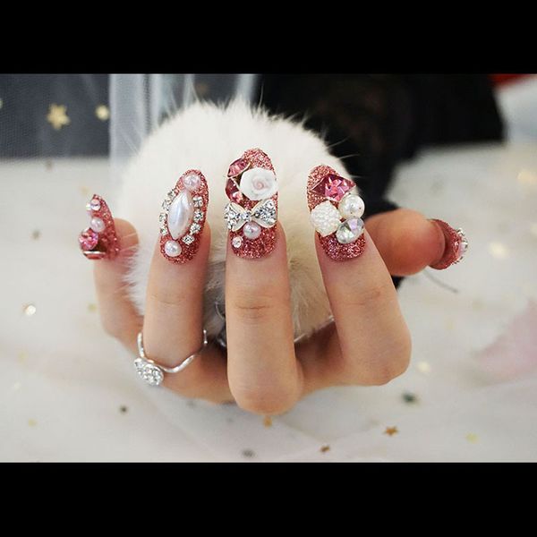 

ins pearl shine false nails bridal full nails with diamond shinny women nails, Red;gold