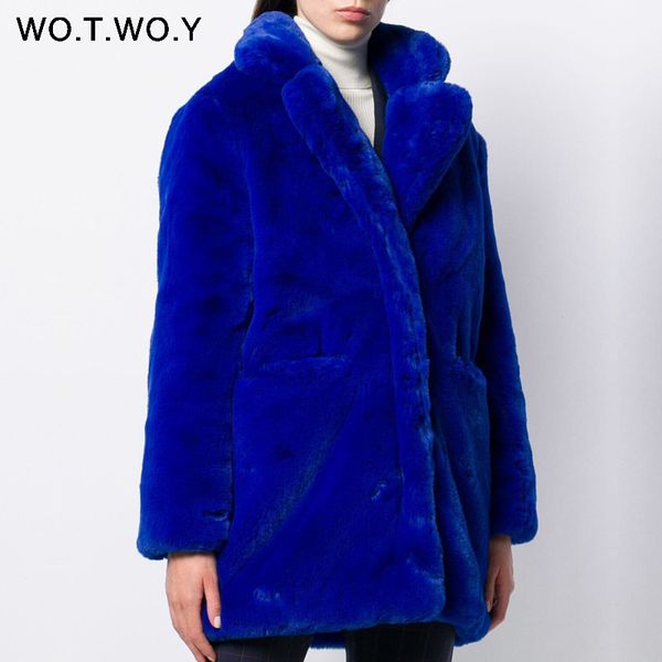 

wotwoy искусственного меха трикотажные женщины пальто осень зима 2019 отложным воротником прямые длинные женские куртки высокая улица толсты, Black