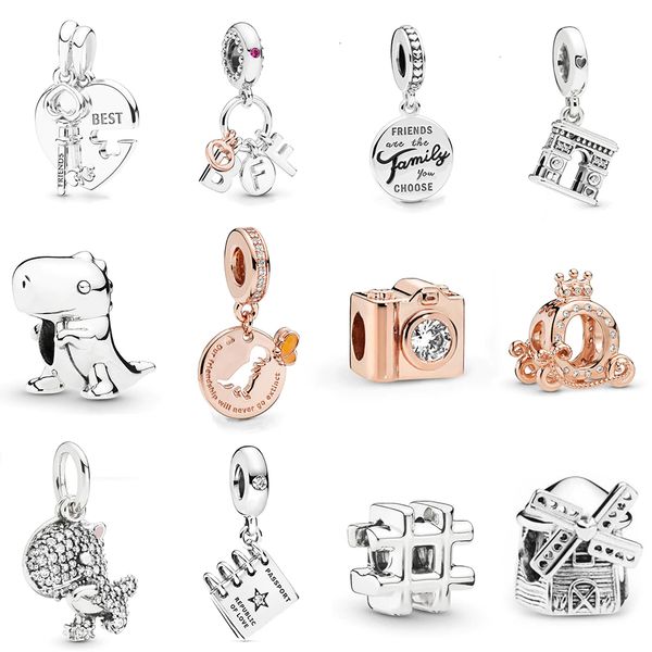 

new 100% 925 sterling silver autumn dino the dinosaur charms key heart pendant crown carriage charm fit diy bracelet women original gift, Bronze;silver