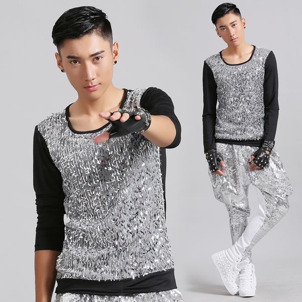 

men jazz dance costumes hip hop dancing long sleeve clothes rock sequin clothing man stage club performance weardwy482, Black;red