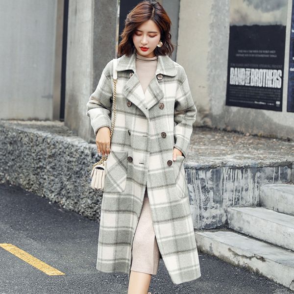 plaid woolen coat women long section 2019 autumn / winter women's coat fashion new woolen loose retro knee, Black