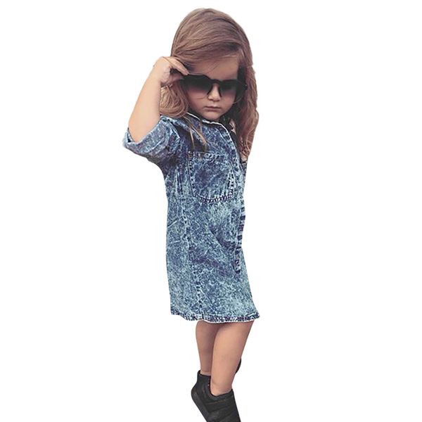 

muqgew 2019 toddler baby girls long sleeve solid denim shirt dress jean dresses new arrival, Red;yellow