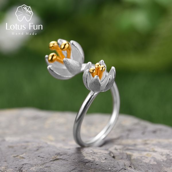 

lotus fun real 925 sterling silver natural handmade designer fine jewelry adjustable fresh blooming flower rings for women y200321, Slivery;golden