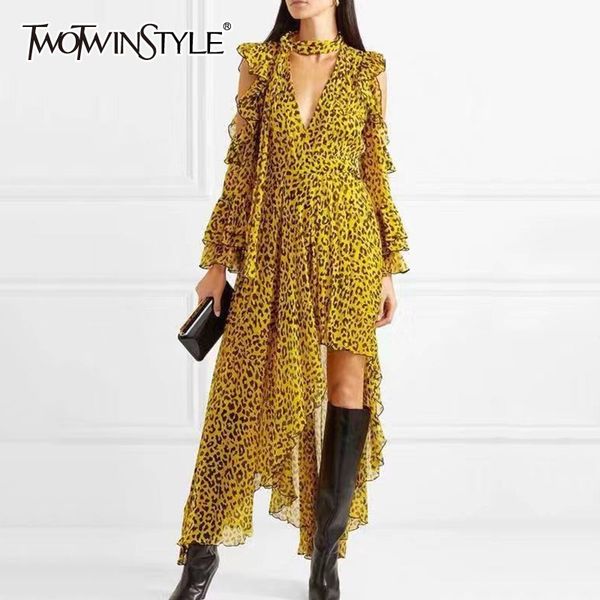 

TWOTWINSTYLE Leopard Female Dresses For Women Off Shoulder Flare Sleeve Asymmetric Hem Backless Ruffles Dress Vintage Clothes