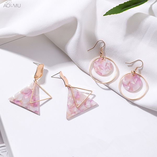 

aomu 925 sterling silver pin fashion geometric acrylic metal double triangle round drop earrings for women pink party brincos