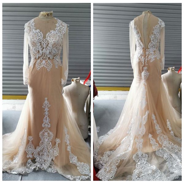 

реальные фотографии потрясающий мягкий тюль шампанское свадебные платья с длинными рукавами русалка свадебные платья кружева аппликации vest, White