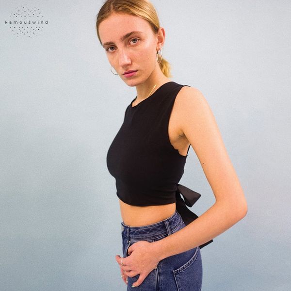 

cropped backless tank women summer streetwear knitted o neck bandage crop 2019 tank, White
