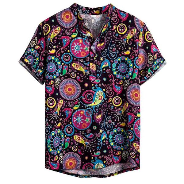 

hawaiian shirt men short sleeve vintage printed shirts men hip- casual cotton linen printing hawaiian shirt blouse, White;black
