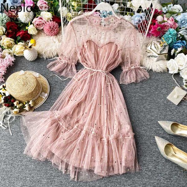 

neploe dress women star sequined fashion bling bling ruffle flare sleeve short party dress mesh patchwork ladies vestidos 1c397, Black;gray