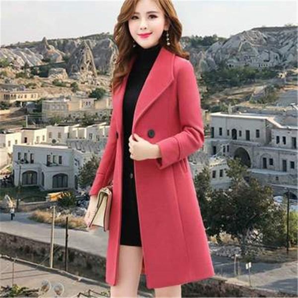 

2019 new autumn winter women fashion slim wool blend long coats female casual double breasted warm thick woolen jacket mujer j45, Black
