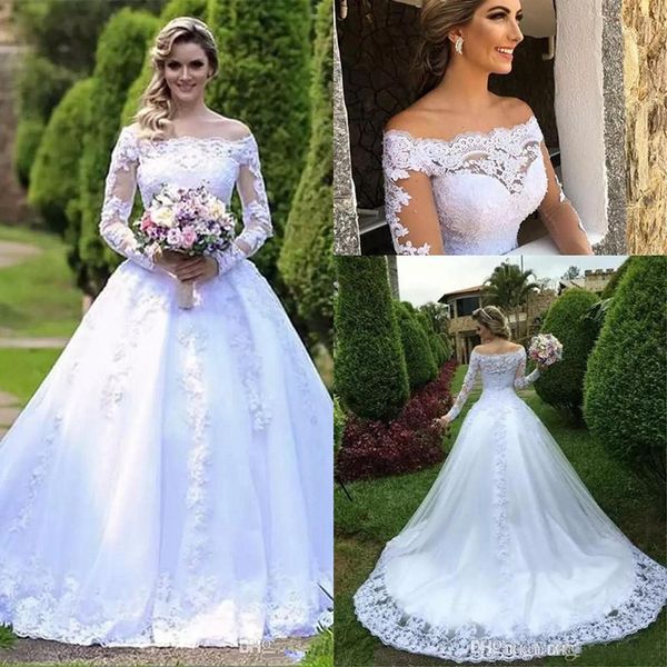 

2019 Elegant Long Sleeves Lace Wedding Dresses Bateau Neck Tulle Applique Beaded Court Train Wedding Bridal Gowns Off Shoulder Garden Weddin