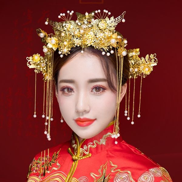 

classic golden color headdress chinese vintage wedding bridal headpieces coronet jewelry tassel hair sticj accessories, Golden;white