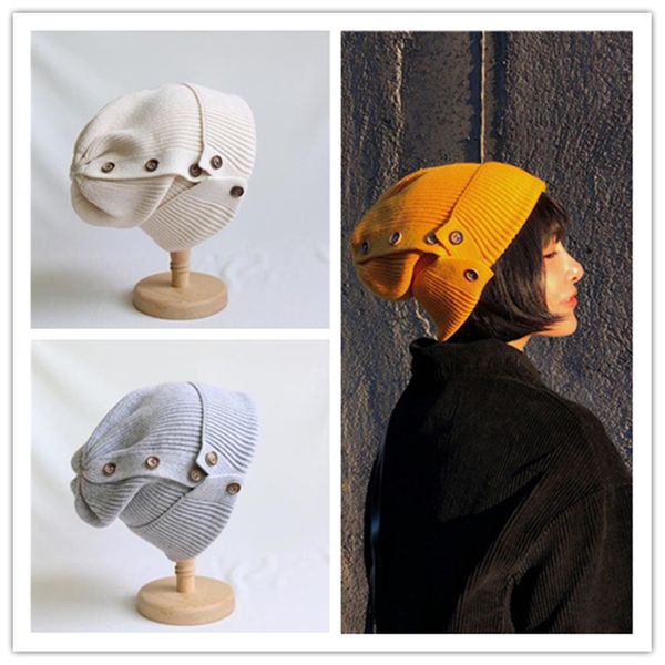 

2019 new wool caps women's autumn and winter acrylic warm knit hat trendy outdoor button design solid color wool hat winter