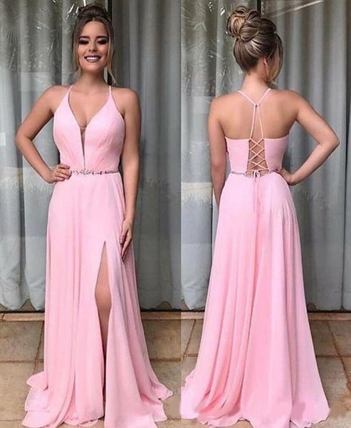 

criss cross straps back red carpet celebrity dresses 2020 deep v neck chiffon pink evening dress split front prom gowns, Black;red