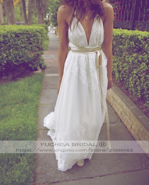

plunging neck halter country wedding dress with long straps floor length boho bridal dress gown with lace, White
