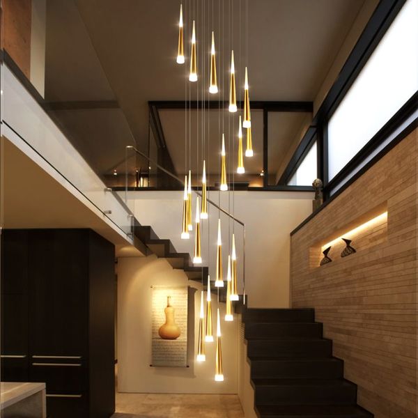 

modern led staircae chandelier hanglamp aluminum conical long stair pendant lamp suspension luminaire spiral lustre for stair