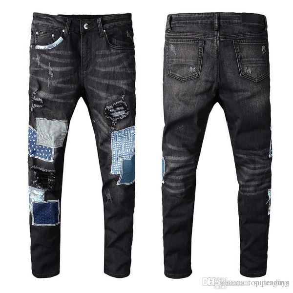 

men's distressed destroyed jeans patches moto skinny denim washed black stretch pants slim fashion trousers size 28-40 603, Blue