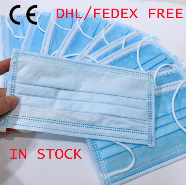 

DHL или FedEx доставка бесплатно 2020 Синие 3ply Одноразовые маски для лица Нетканые упругую ушную петлю пыле Регулируемая