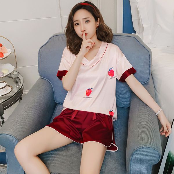

pajamas women's summer viscose fiber short-sleeved thin strawberry two piece suit silk, Black;red