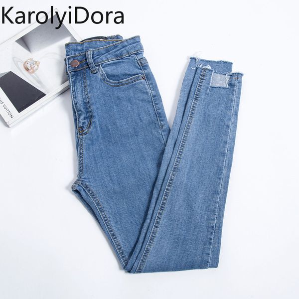 

2020 spring new slim stretch high waist skinny jeans female scratch worn feet vintage black blue pencil pants women jeans