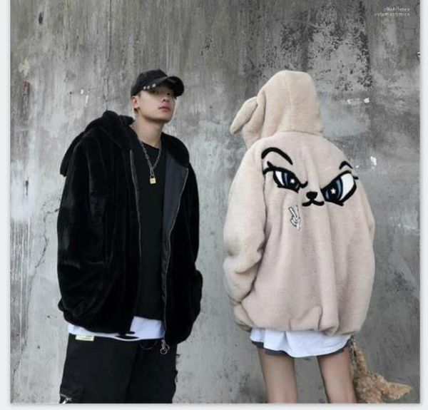 

мужские дизайнерские зимние пальто сплошной цвет кроличьи уши emoji вышивка свободные длинные рукава пальто с капюшоном мода пара пальто плю, Black