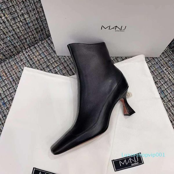 

perfect quality manu atelier women 80mm leather ankle boots new release genuine leather zip fashion lace-up designer shoes, Black