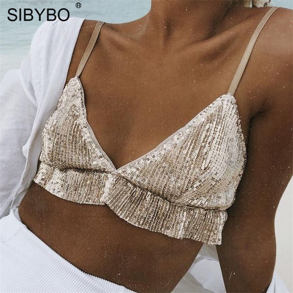 

sibybo shiny sequin crop 2018 summer spaghetti strap v-neck shirt women ruffles backless streetwear cropped tees camis, White