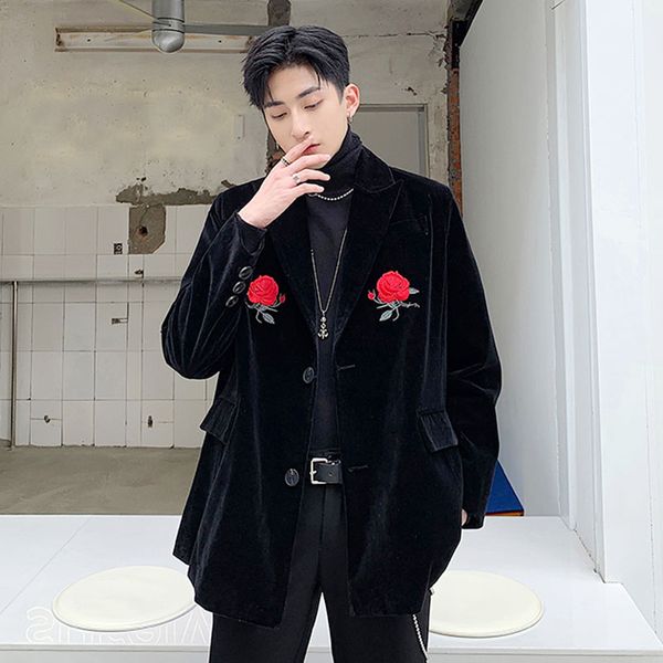 

men velvet rose embroidery casual blazer jacket male vintage fashion streetwear hip hop loose suit coat outerwear, White;black