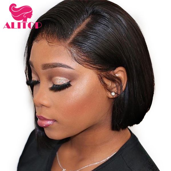 

aliruler 13x6 straight bob wig short lace front human hair wigs 150% density pre plucked with baby hair brazilian remy wig, Black;brown