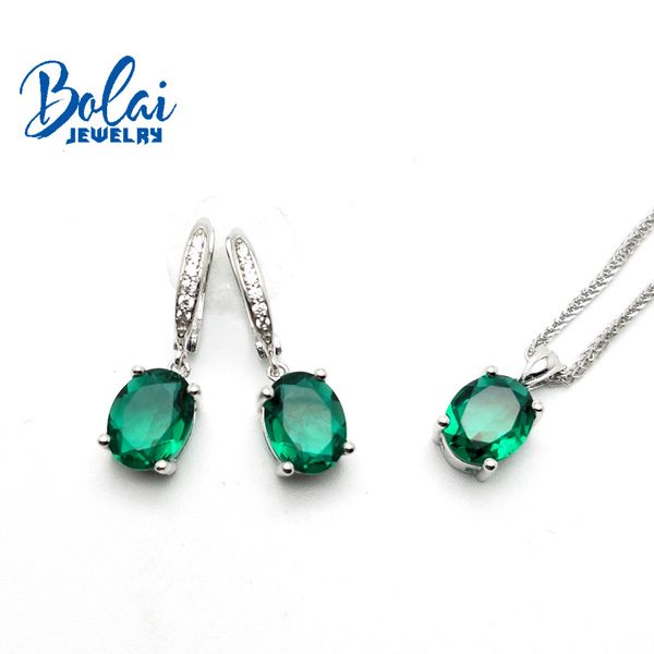 

bolaijewelry, created green emerald oval 7*9mm earring pendant 925 sterling silver fine jewelry for women gift, Black