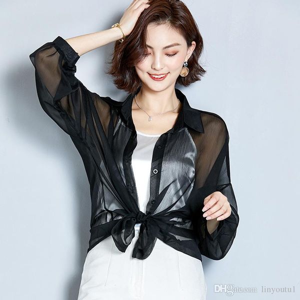 

2020 new women summer kimono cardigan mesh transparent sun blouse chiffon loose short plus size shirt solid beach cover outwear, White