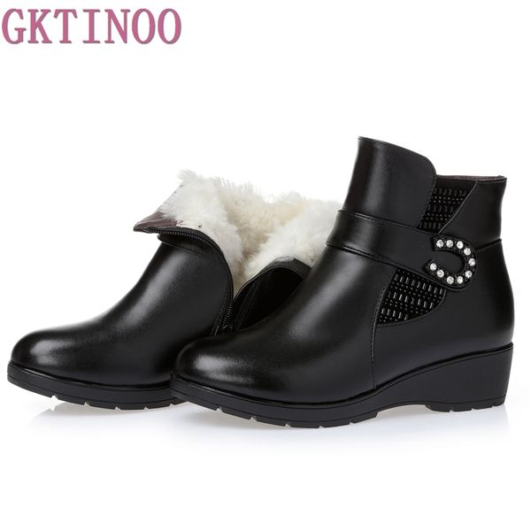 

plus size(35-43) winter women genuine leather wedges snow boots wool fur ankle boots warm shoes women, Black