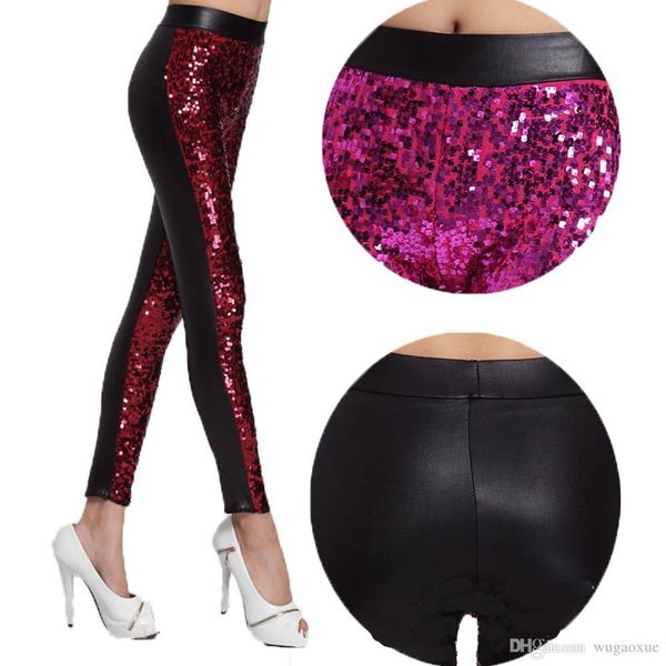 

new 2019 fashion stage women girl nightclub singer bag hip glittering sequins leggings elastic slim candy color pants, Black