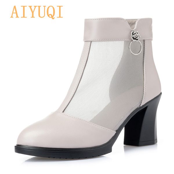 

aiyuqi summer women mesh boots 2019 spring new genuine leather women's fashion openwork boots, high-heeled women's dress shoes, Black