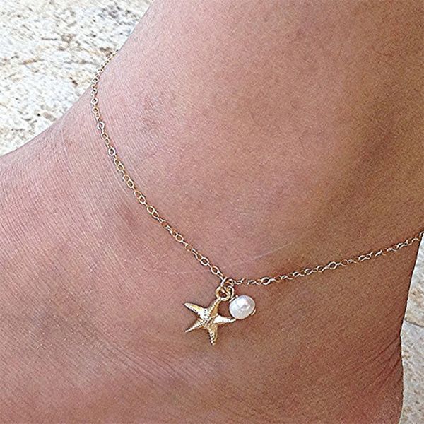 

fashion new beach pearl star anklets for women simple gold silver adjustable foot chain anklet bracelet bohemian jewelry, Red;blue