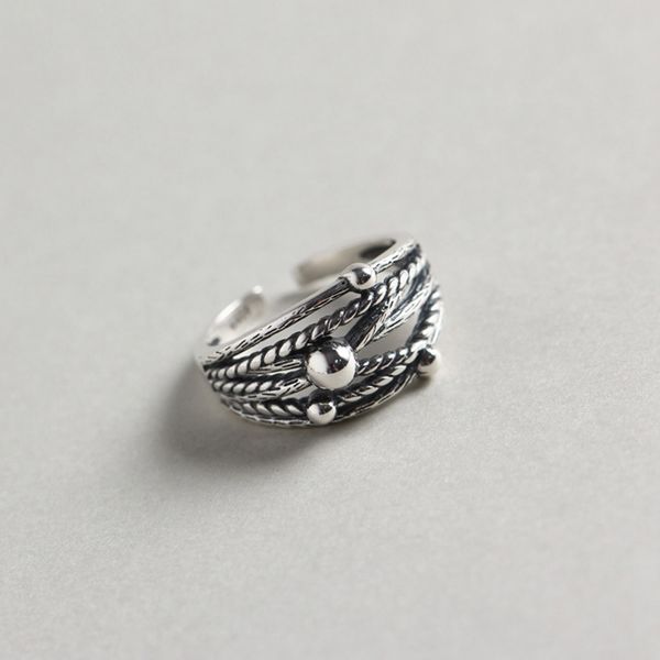 

sterling 925 silver line weave rings silver twist cross line round bead design vintage temerament open rings for women jewelry, Golden;silver