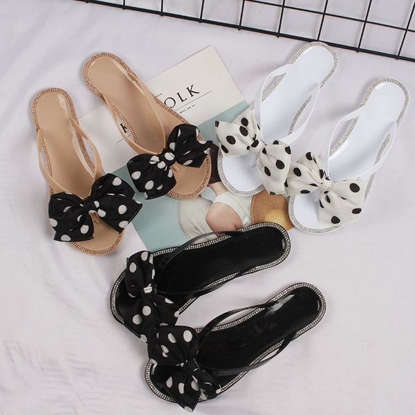 

new polka dot bow flat bottom flip flops female summer fashion wear non-slip wear-resistant flip-flops, Black