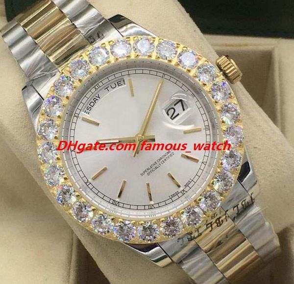 

luxury watch 5 style mens two tone bigger diamond bezel watch 18k gold 43mm automatic fashion men's watches wristwatch, Slivery;brown